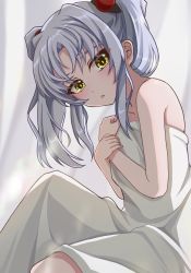 Rule 34 | 1girl, bare arms, bare shoulders, bed sheet, blush, collarbone, grey hair, hair ornament, highres, hoshino ruri, kidou senkan nadesico, long hair, looking at viewer, naked sheet, open mouth, ru-ha, sitting, solo, twintails, yellow eyes