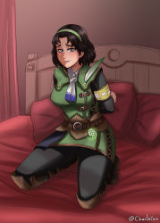 Rule 34 | 1girl, bed, bed frame, bed sheet, blush, brown eyes, brown hair, charleian, come hither, hairband, highres, kneeling, looking at viewer, monster hunter, monster hunter: world, monster hunter (series), on bed, pillow, serious handler, short hair, sitting, uniform