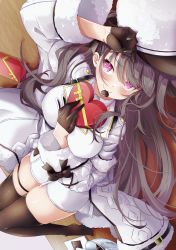 Rule 34 | 1girl, absurdres, arm between breasts, arm up, azur lane, between breasts, black gloves, black ribbon, black thighhighs, blush, box, breasts, brown hair, candy, chocolate, chocolate heart, coat, dress, fang, food, fur-trimmed coat, fur trim, gift, gloves, hair ribbon, hand on forehead, hand up, hat, heart, heart-shaped box, highres, holding, holding gift, knees together feet apart, knees up, large breasts, leer.meer, long hair, long sleeves, looking at viewer, lying, mouth hold, on back, open clothes, open coat, pamiat merkuria (azur lane), pink eyes, ribbon, side ponytail, skindentation, smile, solo, thighhighs, thighs, valentine, very long hair, white coat, white dress, wide sleeves
