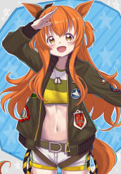 Rule 34 | 1girl, :d, absurdres, animal ears, arm up, black jacket, blush, brown eyes, commentary, cowboy shot, crop top, dog tags, highres, horse ears, jacket, long hair, long sleeves, looking at viewer, mayano top gun (umamusume), midriff, navel, open clothes, open jacket, open mouth, orange hair, salute, shikinnsonn, shirt, short shorts, shorts, smile, solo, standing, stomach, tail, two side up, umamusume, very long hair, white shorts, yellow shirt
