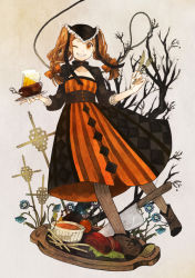 Rule 34 | 1girl, alcohol, beer, beer mug, boned meat, boots, bow, brown hair, brown pantyhose, buranko (marchen), buzz (moi), carrying, collarbone, cross, cross-laced footwear, cup, dress, flower, food, fork, grin, hair bow, headdress, knife, lace-up boots, long hair, maerchen (album), meat, mug, one eye closed, orange eyes, oversized object, pantyhose, plate, smile, solo, sound horizon, striped clothes, striped pantyhose, tree, twintails, vertical-striped clothes, vertical-striped pantyhose, wink