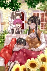 Rule 34 | 2boys, 2girls, :o, bench, black hair, book, braid, breasts, brooch, carrying, child, dress, emma x flower, closed eyes, facing viewer, flower, green eyes, heterochromia, highres, jewelry, lap pillow, large breasts, long hair, looking at another, multiple boys, multiple girls, open book, orange eyes, original, outdoors, piggyback, short hair, short twintails, sitting, sleeping, sunflower, swing, twintails, white dress, white footwear, white neckwear, yellow eyes