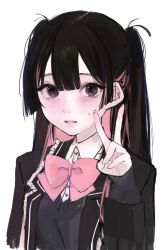 Rule 34 | 1girl, black eyes, black hair, black jacket, blush, bow, bowtie, cardigan under jacket, collared shirt, highres, hime cut, iq033, jacket, long hair, long sleeves, looking at viewer, multicolored hair, open clothes, open jacket, original, parted lips, pink bow, pink bowtie, pink hair, shirt, simple background, solo, sweatdrop, two-tone hair, upper body, v, white background