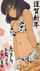 Rule 34 | 1girl, absurdres, akagi (fmttps), akeome, animal print, artist logo, artist name, bikini, bikini under clothes, black hair, bob cut, breasts, cleavage, closed mouth, commentary, cow print, dark-skinned female, dark skin, ears visible through hair, floral background, girls und panzer, gloves, green eyes, grey background, hair between eyes, happy new year, highres, hoshino (girls und panzer), jumpsuit, jumpsuit pull, looking to the side, medium breasts, navel, nengajou, new year, one-piece tan, orange jumpsuit, print bikini, pulling own clothes, short hair, smile, solo, standing, stomach, swimsuit, tan, tanline, translated, twitter username, white bikini, white gloves