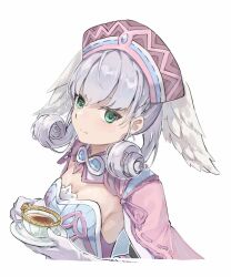 Rule 34 | 1girl, blue eyes, breasts, cape, curly hair, dress, gloves, hat, head wings, highres, kafuuchino (chouti), long hair, long sleeves, looking at viewer, medium breasts, melia antiqua, short dress, simple background, smile, solo, tea, upper body, wings, xenoblade chronicles (series), xenoblade chronicles 1