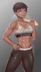 Rule 34 | 1girl, abs, absurdres, bare shoulders, blue eyes, bra, breasts, brown hair, fluffydus, grey background, hand on own hip, highres, looking at viewer, muscular, muscular female, one-punch man, open mouth, see-through, see-through bra, short hair, simple background, small breasts, sports bra, steam, steaming body, suiko (one-punch man), sweat, sweaty clothes, thighs, towel, underwear, white sports bra