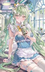 Rule 34 | 1girl, animal ears, apron, blue dress, blue nails, breasts, collar, cup, detached collar, dress, drinking, drinking straw, fake animal ears, frilled dress, frilled sleeves, frills, green hair, hair between eyes, hair ornament, hairband, highres, holding, holding cup, large breasts, long hair, looking to the side, low twintails, momoko (momopoco), original, rabbit ears, short sleeves, sitting, solo, striped clothes, striped hairband, thigh strap, thighhighs, twintails, white apron, white collar, white hairband, white thighhighs, x hair ornament, yellow eyes, yukari (momoko)