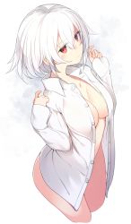 Rule 34 | 1girl, akira (otokuyou), bad id, bad pixiv id, blouse, blush, bottomless, breasts, cleavage, closed mouth, collarbone, dress shirt, expressionless, hair between eyes, highres, large breasts, looking at viewer, naked shirt, open clothes, open shirt, original, otokuyou, red eyes, shirt, short hair, simple background, solo, tsurime, white background, white hair
