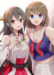 Rule 34 | 2girls, :d, a.a (aa772), bare shoulders, black hair, blue eyes, blue shirt, breasts, brown eyes, brown hair, cleavage, commentary request, detached sleeves, hair between eyes, hair ornament, hairclip, haruna (kancolle), headgear, highres, japanese clothes, kantai collection, kimono, long hair, long sleeves, looking at viewer, maya (kancolle), medium breasts, midriff, multiple girls, navel, neck ribbon, open mouth, pleated skirt, red neckwear, red skirt, ribbon-trimmed sleeves, ribbon trim, sailor collar, shirt, skirt, sleeveless, sleeveless kimono, sleeveless shirt, smile, undone neck ribbon, white kimono, white sailor collar, white skirt, white sleeves, wide sleeves, x hair ornament