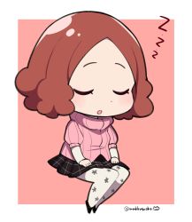 Rule 34 | 10s, 1girl, :o, blush, brown hair, chibi, closed eyes, commentary request, do m kaeru, floral print, okumura haru, open mouth, pantyhose, persona, persona 5, pink sweater, plaid, plaid skirt, print pantyhose, short hair, skirt, sleeping, solo, sweater, twitter username, white pantyhose, zzz