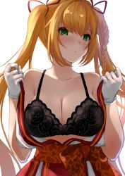Rule 34 | .live, 1girl, bare shoulders, black bra, blonde hair, blush, bra, braid, breasts, cleavage, closed mouth, collarbone, gloves, green eyes, hair ribbon, highres, japanese clothes, kimono, kongou iroha, large breasts, long hair, off shoulder, open clothes, open kimono, red ribbon, ribbon, sidelocks, solo, twintails, underwear, undressing, upper body, virtual youtuber, wee, white gloves, white kimono