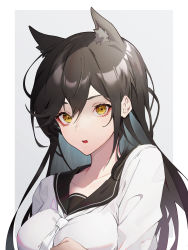 Rule 34 | 1girl, absurdres, animal ears, atago (azur lane), atago (school traumerei) (azur lane), atago (school traumerei) (azur lane), azur lane, black hair, breasts, collarbone, highres, kabi (zcwd8845), long hair, looking at viewer, medium breasts, necktie, official alternate costume, open mouth, school uniform, shirt, solo focus, white background, white neckwear, white shirt, yellow eyes