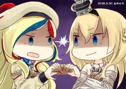 Rule 34 | 2girls, artist logo, beret, big head, blonde hair, blue eyes, blue hair, braid, chibi, commandant teste (kancolle), commentary request, crown, dated, dress, flower, french braid, gradient background, hat, hinata yuu, jewelry, kantai collection, long hair, long sleeves, mini crown, multicolored clothes, multicolored hair, multicolored scarf, multiple girls, necklace, no sclera, off-shoulder dress, off shoulder, plaid, plaid scarf, pom pom (clothes), purple background, red flower, red hair, red ribbon, red rose, ribbon, rose, scallop, scarf, shaded face, shell, staring, streaked hair, tilted headwear, upper body, v-shaped eyebrows, warspite (kancolle), white dress, white hair