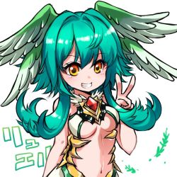 Rule 34 | 1girl, :d, aqua hair, bare arms, bare shoulders, blush, breasts, crystal, feathered wings, flipped hair, fur collar, gem, grin, hair between eyes, hair intakes, hand up, head wings, leaf, looking away, medium breasts, midriff, navel, open mouth, orange eyes, pikomarie, puzzle &amp; dragons, red gemstone, ruel (p&amp;d), short hair with long locks, simple background, smile, solo, stomach, teeth, underboob, upper body, v, white background, wings