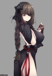Rule 34 | 1girl, artist name, ass, backless dress, backless outfit, bad id, bad pixiv id, between breasts, black dress, black gloves, bow, braid, breasts, brown hair, cellphone, chain, chocolate banana, cleavage, ddangbi, dress, elbow gloves, eyepatch, girls&#039; frontline, gloves, grey background, hair bow, large breasts, long hair, looking at viewer, m16a1 (girls&#039; frontline), official alternate costume, phone, ribbon, scar, side slit, sideboob, single braid, smartphone, smile, solo, thighs, very long hair, watermark, yellow eyes