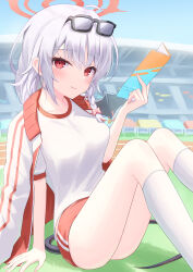 Rule 34 | 1girl, absurdres, blue archive, braid, glasses on head, haruna (blue archive), highres, hitsuji (myn mei), knees up, looking at viewer, outdoors, red eyes, shirt, single braid, smile, socks, solo, white hair, white shirt