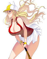 Rule 34 | 1girl, animal hat, baseball cap, bent over, blonde hair, blue eyes, breasts, cat hat, cleavage, commentary request, hat, highres, huge breasts, kouno (masao), miniskirt, original, racket, sideways mouth, skirt, solo, tank top, tennis racket, white skirt, wristband