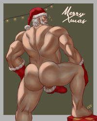 Rule 34 | 1boy, absurdres, ass, back, bara, beard, bulge, erection, erection under clothes, facial hair, feet out of frame, from behind, gift, gloves, hat, highres, k sen212, looking back, male focus, manly, medium hair, merry christmas, muscular, old, old man, penis sheath, santa claus, santa costume, santa hat, short hair, solo, thick thighs, thighs, white hair