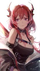 Rule 34 | 1girl, arknights, armband, bare shoulders, biittertaste, black dress, black jacket, breasts, cleavage, commentary, detached collar, dress, highres, horns, infection monitor (arknights), jacket, long hair, looking at viewer, medium breasts, off shoulder, purple eyes, red hair, simple background, solo, surtr (arknights), upper body, white background