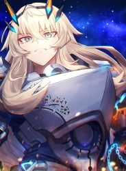 Rule 34 | 1girl, armor, barguest (fate/grand order), blonde hair, blue eyes, breastplate, breasts, chain, crossed bangs, barghest (fate), barghest (first ascension) (fate), fate/grand order, fate (series), female knight, hair between eyes, highres, horns, knight, large breasts, long hair, looking at viewer, minami koyogi, night, night sky, pauldrons, shoulder armor, sky, solo, thighs