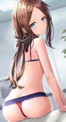 Rule 34 | 1girl, aged down, alternate costume, arm support, ass, back, bare shoulders, black bow, blue eyes, bow, brown hair, butt crack, closed mouth, commentary request, fate/grand order, fate (series), forehead, hair bow, highres, hip focus, indoors, lace, lace-trimmed panties, lace trim, leonardo da vinci (fate), looking at viewer, looking back, panties, parted bangs, plant, ponytail, red panties, rin yuu, sitting, smile, solo, underwear, underwear only