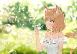 Rule 34 | 1girl, :o, absurdres, animal ear fluff, animal ears, backlighting, bare arms, bare shoulders, blue eyes, blurry, blurry background, blush, brown hair, blowing bubbles, cat ears, cat girl, cat tail, choker, collarbone, commentary request, day, depth of field, frills, highres, holding, jewelry, medium hair, original, outdoors, parted lips, pendant, refile, soap bubbles, solo, sunlight, tail, tareme, upper body, white choker