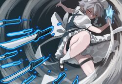 Rule 34 | 1girl, black footwear, braid, closed mouth, commentary, grey hair, highres, holding, holding knife, izayoi sakuya, knife, looking at viewer, maid, maid headdress, medium hair, red eyes, short sleeves, side braids, socks, solo, symbol-only commentary, touhou, touhou lost branch of legend, tuck (tuck23978434), twin braids, white socks