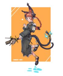 Rule 34 | 1girl, :3, adapted costume, alternate costume, animal ear fluff, animal ears, bare shoulders, bigcat 114514, black bow, black footwear, blue fire, blunt bangs, blush, border, bow, braid, cat ears, cat tail, clenched hand, closed eyes, closed mouth, extra ears, fire, floating, full body, hair bow, hand up, heart, highres, holding, holding weapon, kaenbyou rin, long hair, long sleeves, mary janes, multiple tails, nekomata, orange background, outside border, pointy ears, puffy long sleeves, puffy sleeves, red hair, shoes, simple background, skull, sleeves past wrists, solo, tail, touhou, twin braids, twintails, two tails, v-shaped eyebrows, weapon, white border