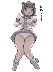 Rule 34 | 1girl, :o, bad id, bad pixiv id, blue sailor collar, blush, boots, breasts, brown eyes, brown hair, clenched hands, dress, full body, hands up, headset, highres, kantai collection, kneehighs, medium breasts, neckerchief, open mouth, panties, round teeth, sailor collar, sailor dress, simple background, socks, solo, speaking tube headset, teeth, translation request, u-non (annon&#039;an), underwear, upper teeth only, white background, white dress, white panties, white socks, yellow neckerchief, yukikaze (kancolle)