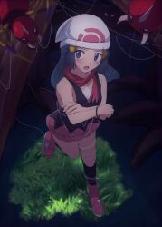 Rule 34 | 1girl, :o, ariados, beanie, black shirt, black socks, blush, boots, bracelet, branch, commentary request, creatures (company), dawn (pokemon), game freak, gen 2 pokemon, grass, hair ornament, hairclip, hat, highres, jewelry, kneehighs, leg up, lelie (lelie link), long hair, night, nintendo, open mouth, outdoors, pokemon, pokemon (creature), pokemon dppt, scarf, shirt, sidelocks, skirt, sleeveless, sleeveless shirt, socks, standing, standing on one leg, sweatdrop, white hat