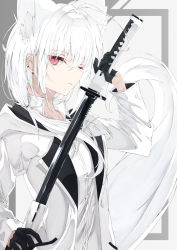 Rule 34 | 1girl, ahoge, animal ear fluff, animal ears, black gloves, earrings, extra ears, gloves, highres, holding, holding sword, holding weapon, jewelry, katana, long hair, long sleeves, looking at viewer, one eye closed, original, pink eyes, sheath, shirt, simple background, solo, standing, sumishi (sumisi 3), sword, tail, tail raised, unsheathing, weapon, white hair, white shirt