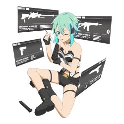 Rule 34 | 1girl, aqua eyes, aqua hair, assault rifle, boots, breasts, choker, cleavage, clip (weapon), fingerless gloves, full body, gloves, gun, hair ornament, hairclip, handgun, highres, holding, holding gun, holding weapon, holographic interface, interface, magazine (weapon), medium breasts, official art, one eye closed, pistol, rifle, short hair, short shorts, shorts, sig sg550, sinon, solo, sword art online, thigh strap, transparent background, weapon, wings