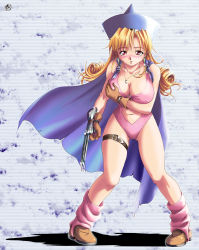 Rule 34 | 1girl, alena (dq4), blush, boots, grabbing another&#039;s breast, breasts, buckle, cape, chunsoft, claws, cleavage, dragon quest, dragon quest iv, enix, gloves, grabbing, hat, large breasts, leotard, pigeon-toed, pink leotard (dq), red eyes, red hair, shinozuka jouji, solo, strap, thigh strap