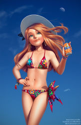 Rule 34 | 1girl, bikini, blue eyes, bracelet, breasts, can, cloud, collarbone, drink can, earrings, fanta, floral print, freckles, gradient background, hand on own hip, hat, highres, holding, idfer, jewelry, long hair, looking at viewer, nail polish, navel, orange hair, original, peace symbol, print bikini, red bikini, red hair, signature, sky, small breasts, soda can, solo, standing, sun hat, swimsuit, watermark, web address, white hat
