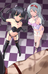 Rule 34 | 10s, 2girls, ^ ^, arms behind back, bdsm, black bra, black footwear, black gloves, black legwear, black panties, bondage outfit, boots, bra, breasts, bruise, buckle, bustier, checkered floor, choker, closed eyes, collar, corset, cross-laced footwear, dominatrix, earrings, elbow gloves, femdom, fishnet legwear, fishnets, from above, frown, garter belt, gin (shioyude), gloves, green eyes, hair between eyes, hairband, heart, heart-shaped lock, heart earrings, high heel boots, high heels, injury, jewelry, kantai collection, key, lace-up boots, leather, leather boots, legs apart, lingerie, long hair, looking at another, multiple girls, navel, necklace, out of frame, panties, parted lips, restrained, riding crop, scar, shoukaku (kancolle), side-tie panties, silver hair, standing, sweat, thigh boots, thighhighs, twintails, underwear, underwear only, whip, whipping, zuikaku (kancolle)