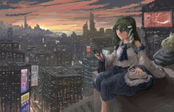 Rule 34 | 1girl, :|, absurdres, ascot, bag, bento, blue ascot, blue eyes, blue skirt, building, city, cityscape, closed mouth, cloud, collared shirt, commentary, dated, dated commentary, detached sleeves, eyebrows hidden by hair, feet out of frame, frog hair ornament, glasses, green hair, hair between eyes, hair ornament, hat, highres, holding, holding phone, kochiya sanae, long hair, looking at phone, mountain, ocean, phone, plastic bag, rock, scenery, shirt, sign, signature, skirt, sky, skyscraper, snake, snake hair ornament, solo, sunset, touhou, water, white shirt, white sleeves, wide sleeves, window, xlf