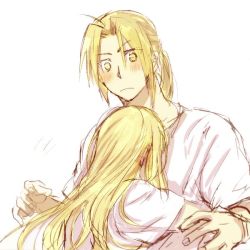 Rule 34 | 1boy, 1girl, blonde hair, blush, couple, edward elric, expressionless, facing away, fingernails, fullmetal alchemist, height difference, hetero, hug, long hair, looking at another, looking down, ponytail, shirt, simple background, tsukuda0310, white background, white shirt, winry rockbell, yellow eyes