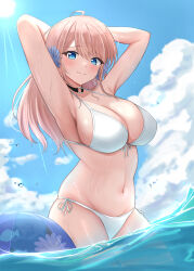 Rule 34 | 1girl, absurdres, armpits, arms up, ball, beachball, bikini, blonde hair, blue eyes, blue sky, breasts, choker, cleavage, closed mouth, cloud, commentary request, day, flower, front-tie bikini top, front-tie top, hair flower, hair ornament, highres, large breasts, long hair, looking at viewer, o-ring, o-ring choker, original, outdoors, side-tie bikini bottom, sky, smile, solo, soul (dp11), sun, swimsuit, wading, water, wet, white bikini