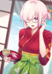 Rule 34 | 1girl, adjusting hair, breasts, fate/grand order, fate (series), fuyuhi tsukika, glasses, hair over one eye, hair ribbon, highres, holding, holding plate, japanese clothes, kimono, long sleeves, looking at viewer, mash kyrielight, mash kyrielight (enma-tei uniform), medium breasts, official alternate costume, one side up, pink hair, plate, purple eyes, red kimono, ribbon, short hair, solo, standing, yellow ribbon