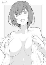 Rule 34 | 1girl, breasts, breasts apart, collarbone, greyscale, kichihachi, large breasts, looking at viewer, monochrome, open clothes, open mouth, open shirt, original, short hair, solo, twitter username, upper body