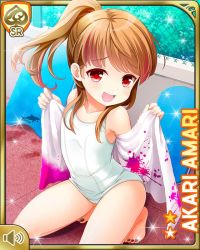 Rule 34 | 1girl, :d, amari akari, barefoot, brown hair, card, character name, girlfriend (kari), holding, kneeling, nail polish, official art, one-piece swimsuit, open mouth, outdoors, paint, poolside, qp:flapper, red eyes, smile, solo, swimsuit, tagme, towel, white one-piece swimsuit