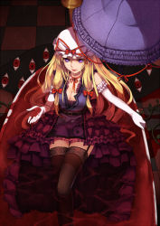 Rule 34 | 1girl, :p, bath, bathtub, black thighhighs, blonde hair, blood, bow, breasts, checkered floor, cleavage, covered erect nipples, dress, elbow gloves, embellished costume, female focus, floor, frills, from above, gap (touhou), garter straps, gloves, greetload, hair bow, long hair, neck ribbon, parasol, partially submerged, purple eyes, ribbon, sitting, solo, thighhighs, tongue, tongue out, touhou, umbrella, wet, wet clothes, white gloves, yakumo yukari, zettai ryouiki