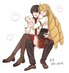 Rule 34 | 1boy, 1girl, ahoge, arm belt, black corset, black hair, black pants, blonde hair, boots, brown footwear, cliff grimoire, closed eyes, corset, cropped jacket, drill hair, elf, elinalise dragonroad, heart, hetero, hug, invisible chair, jacket, long hair, long sleeves, miniskirt, mushoku tensei, pants, pleated skirt, pointy ears, ranoa magic academy school uniform, red skirt, school uniform, shoes, short hair, simple background, sitting, sitting on lap, sitting on person, skirt, smile, thigh boots, thighhighs, thighs, ukiuki, waist hug, white background, white jacket, zettai ryouiki