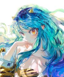 Rule 34 | 1girl, aqua hair, armpit crease, bare shoulders, bikini, blue hair, breasts, cleavage, closed mouth, collarbone, commentary, english commentary, hand on own face, hand up, highres, horns, large breasts, long hair, looking at viewer, lum, medium breasts, pointy ears, portrait, quasarcake, sidelocks, simple background, smile, solo, solo focus, swimsuit, upper body, urusei yatsura, white background, yellow bikini, yellow eyes