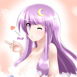 Rule 34 | 1girl, bad hands, blush, chu (chu inthis), crescent moon, female focus, highres, long hair, miki purasu, moon, no headwear, nude, one eye closed, open mouth, patchouli knowledge, purple eyes, purple hair, solo, touhou