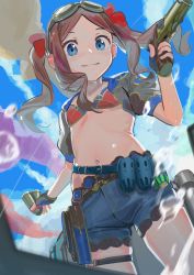 Rule 34 | 1girl, absurdres, bad id, bad pixiv id, bikini, bikini top only, blue eyes, blue shorts, blue sky, breasts, brown gloves, brown hair, bullet, collarbone, da mei, fate/grand order, fate (series), fingerless gloves, forehead, gloves, goggles, gun, hair ribbon, highres, jewelry, leonardo da vinci (fate), leonardo da vinci (swimsuit ruler) (fate), long hair, looking at viewer, necklace, parted bangs, puffy short sleeves, puffy sleeves, red bikini, red ribbon, ribbon, short shorts, short sleeves, shorts, shrug (clothing), sidelocks, sky, small breasts, smile, solo, swimsuit, thighs, twintails, water, weapon