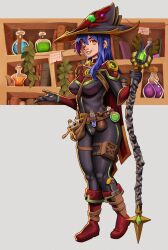 Rule 34 | 1girl, armor, bag, belt, belt buckle, blue hair, book, bookshelf, boot knife, boots, breasts, buckle, cape, commentary, commission, completionist cape (runescape), dang (runescape), duellist&#039;s cap (tier 6), earrings, effy neprin, english commentary, flask, full body, gloves, glowing clothes, glowing hat, hat, highres, holding, holding staff, jewelry, leaf, long hair, medieval, medium breasts, merchant, orange eyes, original, potion, pouch, runescape, satchel, shiny lips, silk, smile, solo, spider web, spiked ear piercing, staff, staff of armadyl (runescape), standing, thick eyebrows, thigh pouch, vial, weapon, yellow eyes