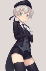 Rule 34 | 10s, 1girl, alternate costume, beige background, black hat, black necktie, black ribbon, black shorts, black thighhighs, blue eyes, blush, butler, buttons, coattails, collared shirt, contrapposto, cowboy shot, eyebrows, female butler, formal, gloves, grey vest, hair ribbon, hat, kantai collection, long sleeves, looking at viewer, metindone, necktie, ribbon, shirt, short hair, short shorts, shorts, silver hair, simple background, solo, standing, suit, thighhighs, vest, white gloves, white shirt, wing collar, z1 leberecht maass (kancolle)