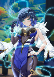 Rule 34 | 1girl, absurdres, aishendejian, bare shoulders, black pants, blue hair, blunt bangs, bracelet, breasts, commentary, cowboy shot, fur-trimmed jacket, fur trim, genshin impact, gloves, green eyes, grin, hand on own hip, hand up, highres, jacket, jacket on shoulders, jewelry, large breasts, leggings, looking at viewer, outdoors, pants, short hair, sleeveless, smile, solo, standing, thighs, white gloves, white jacket, yelan (genshin impact)