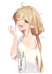 Rule 34 | 1girl, absurdres, ahoge, blush, clothes writing, collarbone, futaba anzu, highres, idolmaster, idolmaster cinderella girls, light brown hair, long hair, looking at viewer, loose clothes, loose shirt, low twintails, messy hair, one eye closed, open mouth, revision, sanpo (sanpo 1027), shirt, simple background, solo, twintails, upper body, very long hair, white background, white shirt, yawning, yellow eyes
